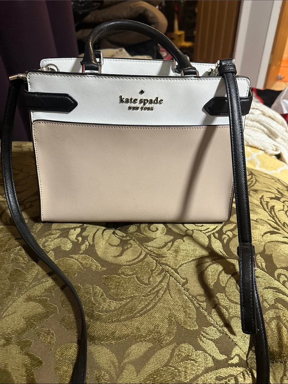 kate spade Two-Tone Leather Satchel in White, Cream & Black Trim cross body
